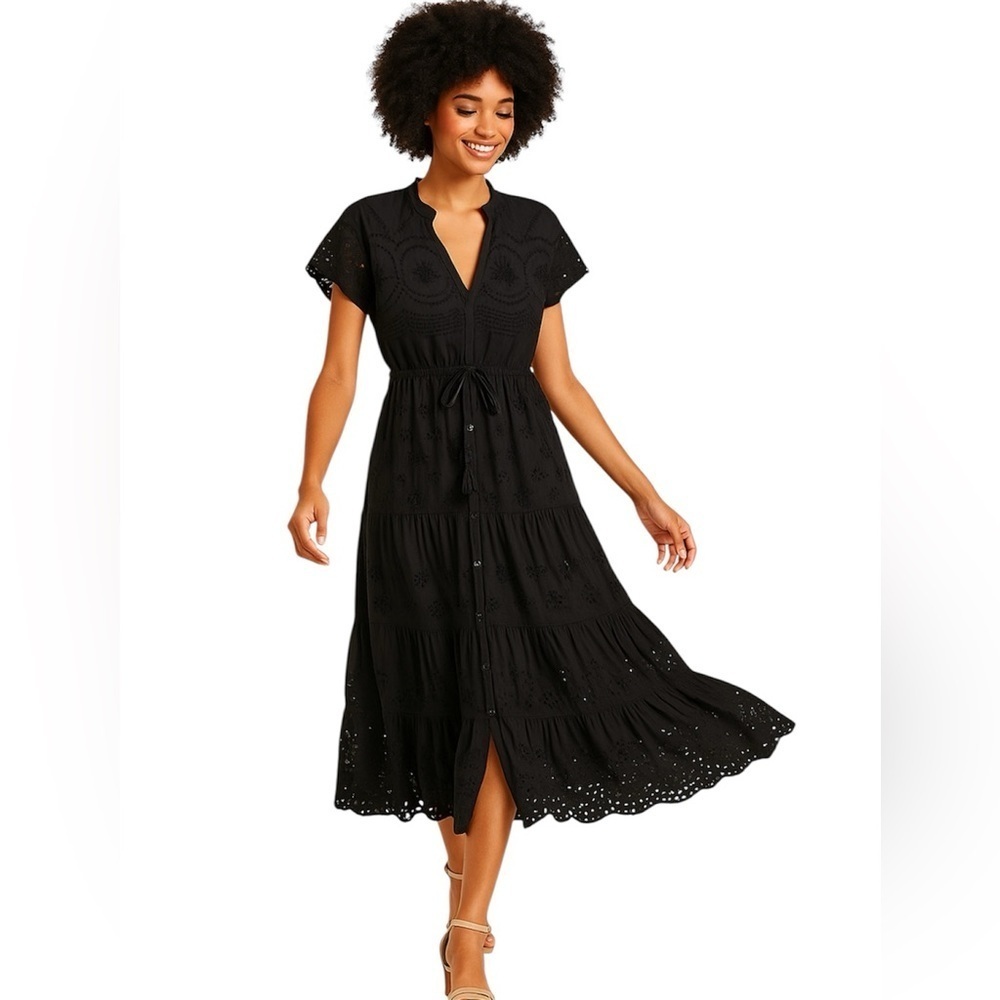 Soft Surroundings Black Tiered Eyelet Maxi Dress, Boho-Inspired, Chic, S